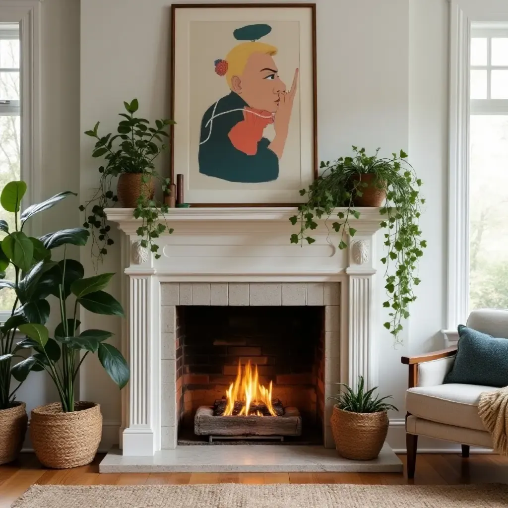 a photo of a cozy fireplace decorated with plants and eclectic artwork