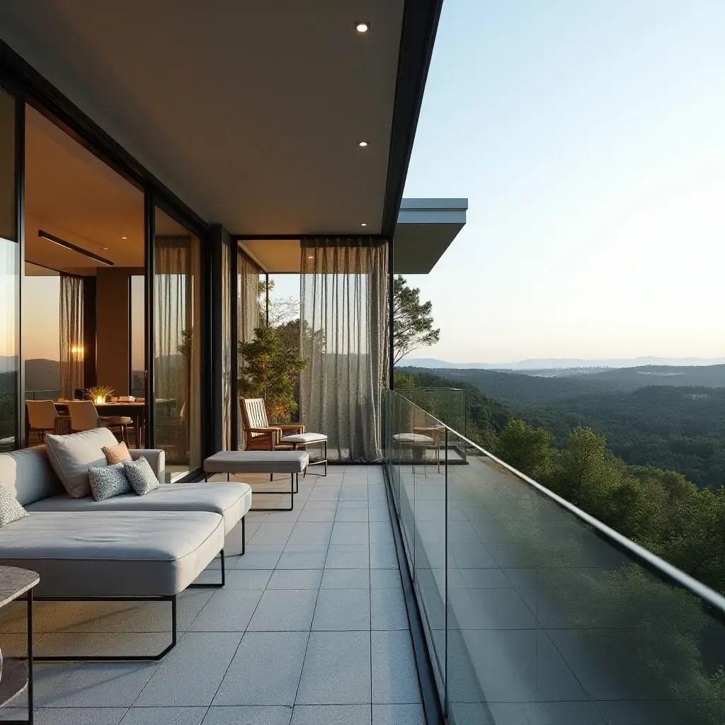 a photo of a chic glass balcony adorned with decorative privacy screens