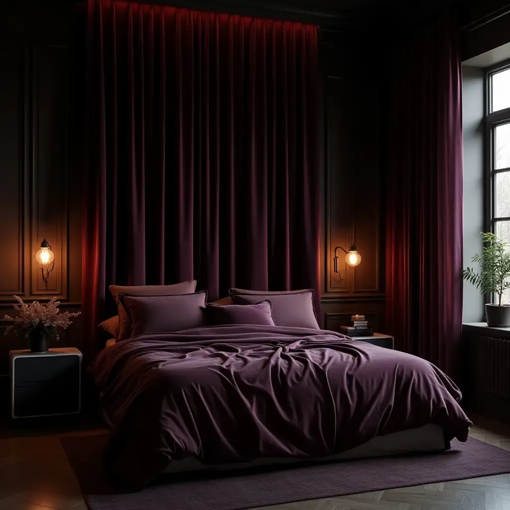 a photo of a dreamy, dark-themed bedroom with velvet curtains