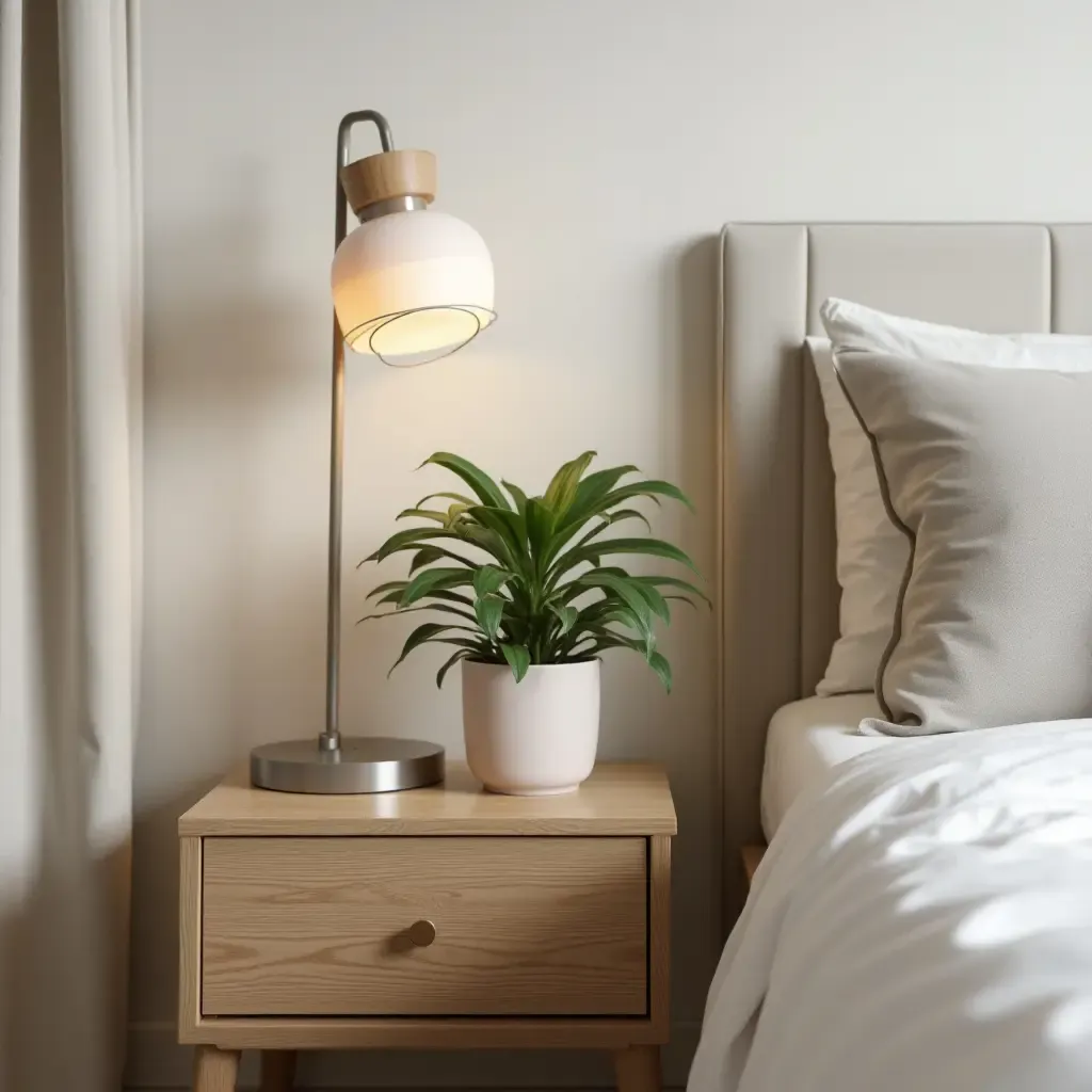 a photo of a bedside table with a flowering plant