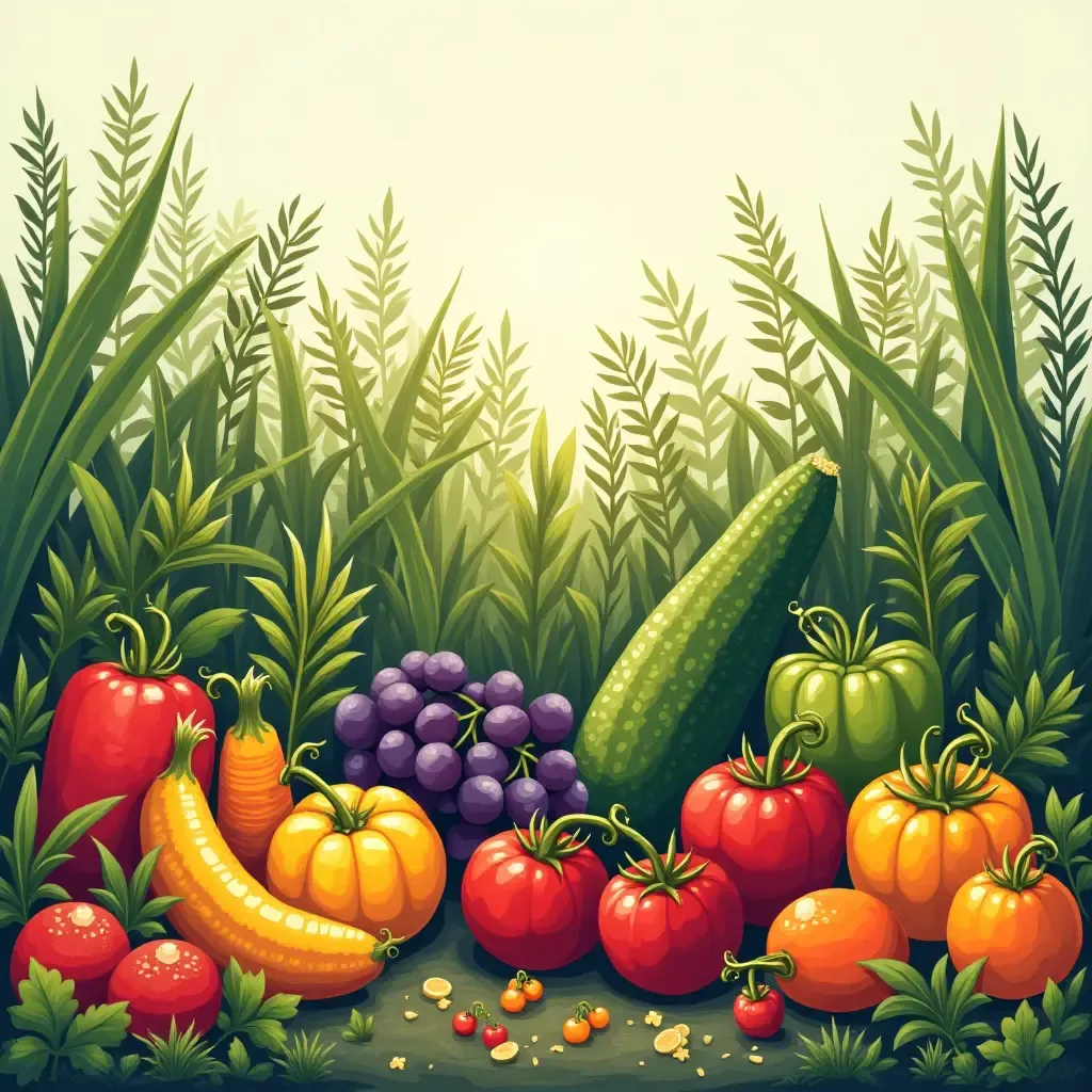 a photo of a colorful fruit and vegetable garden illustration