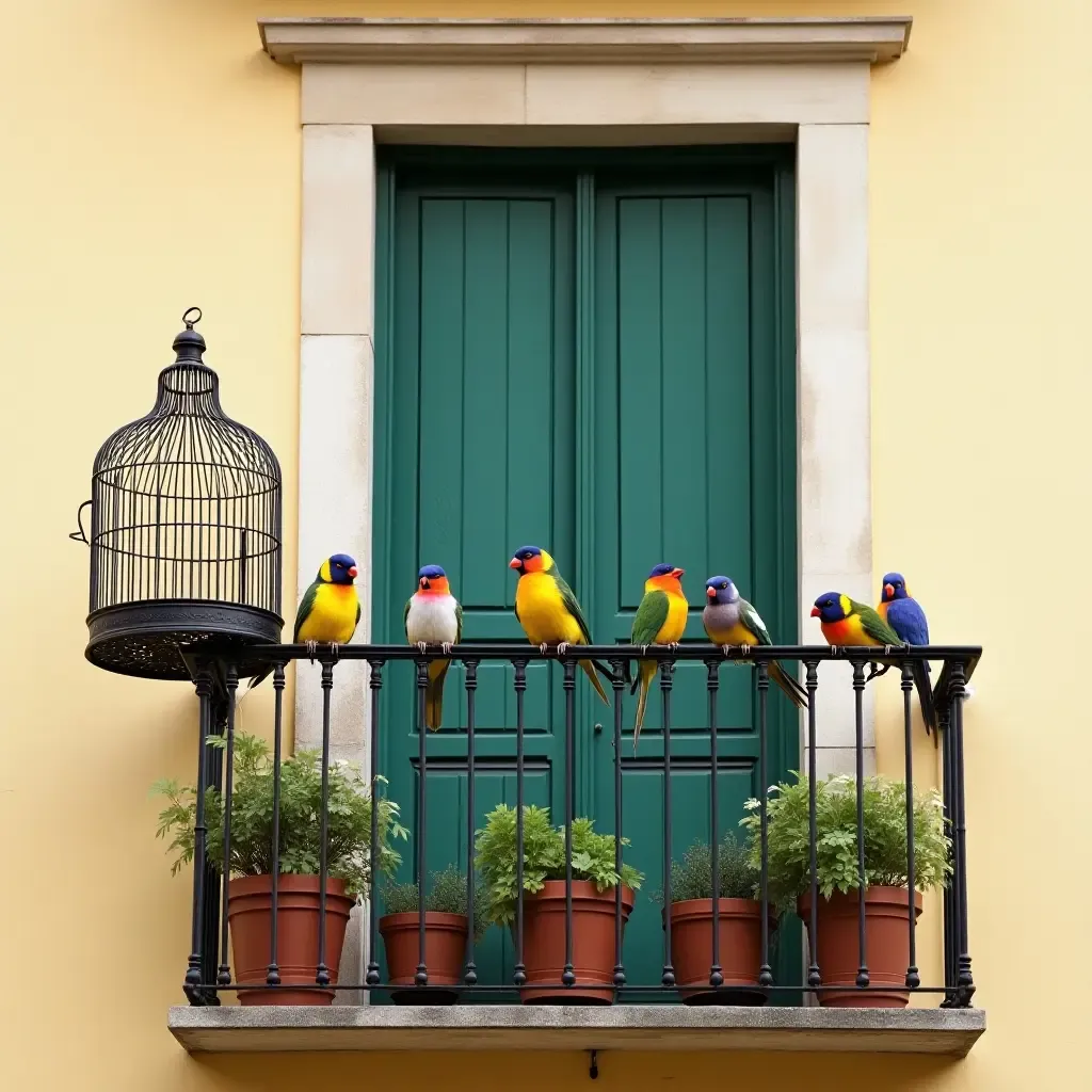 a photo of a charming balcony with an antique birdcage and colorful birds