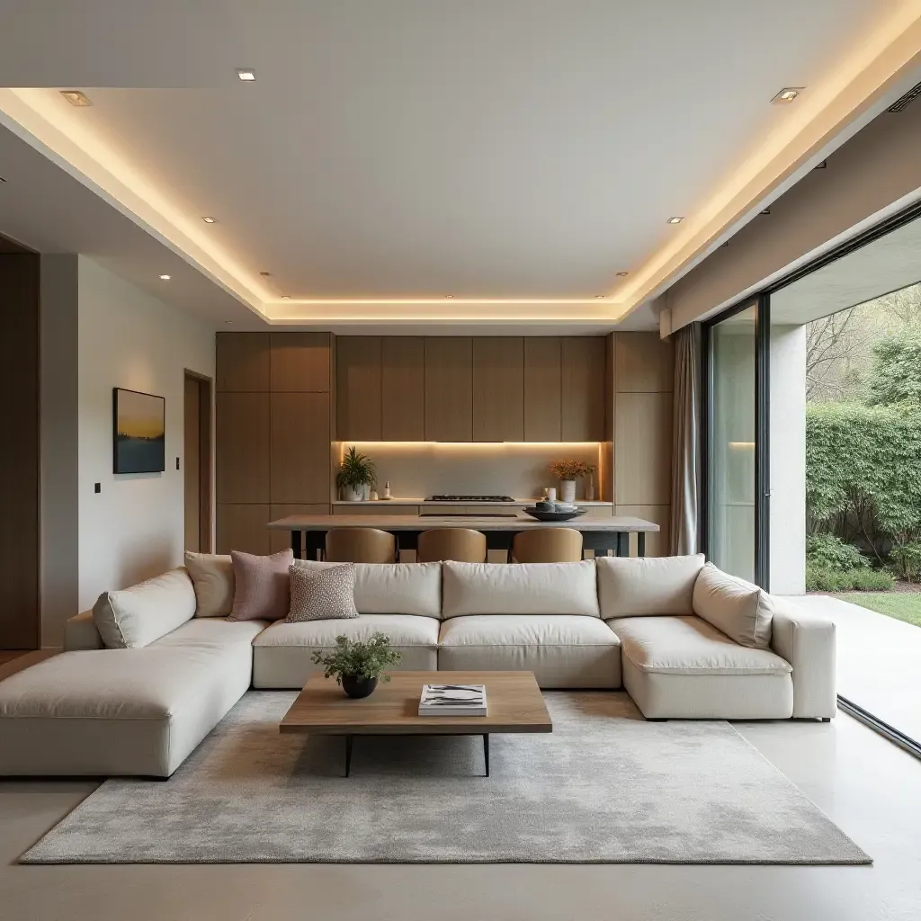 a photo of an open-concept living room seamlessly connecting to the kitchen