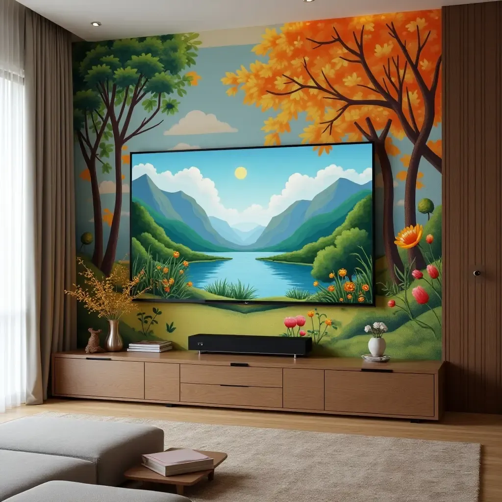 a photo of a TV room featuring a whimsical mural