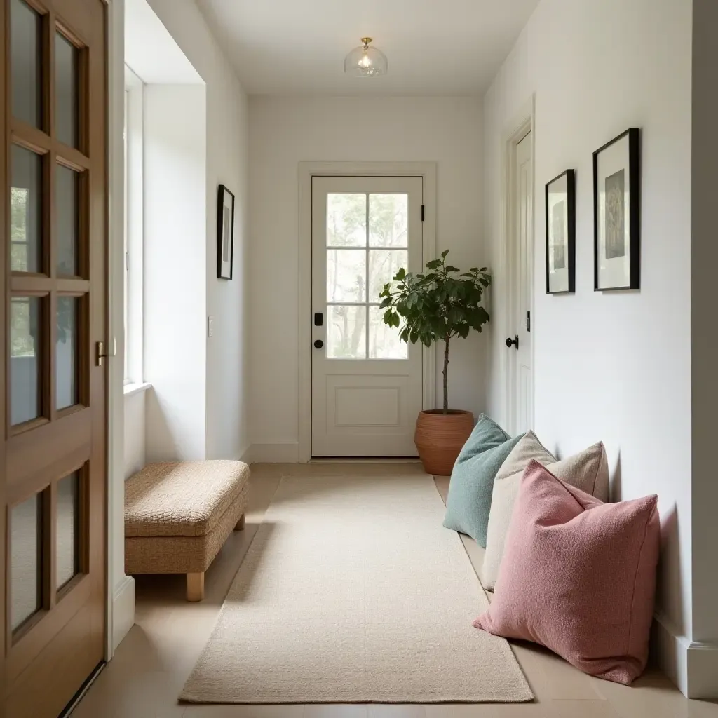 a photo of a welcoming corridor with throw pillows in coordinating colors