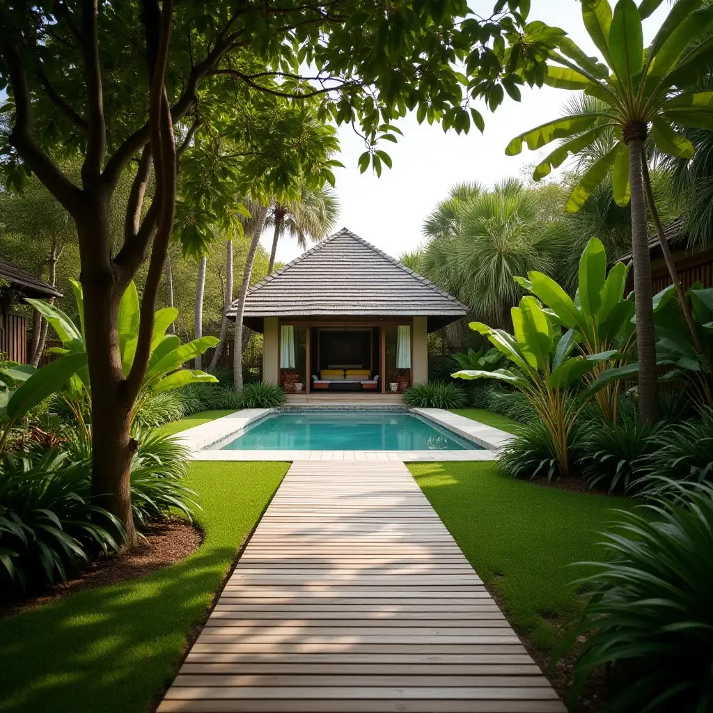 a photo of a wooden pathway leading to a poolside retreat