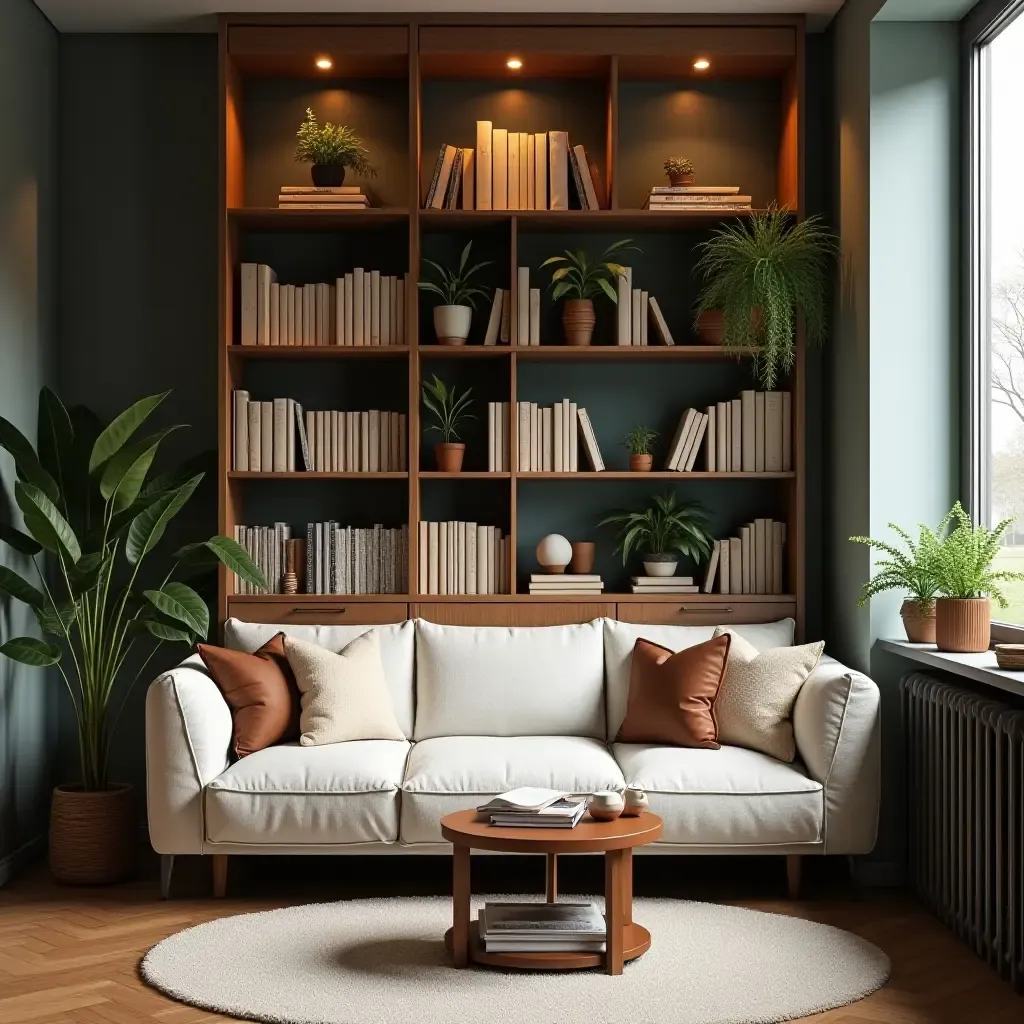 a photo of a cozy reading nook with a stylish bookshelf and decorative plants