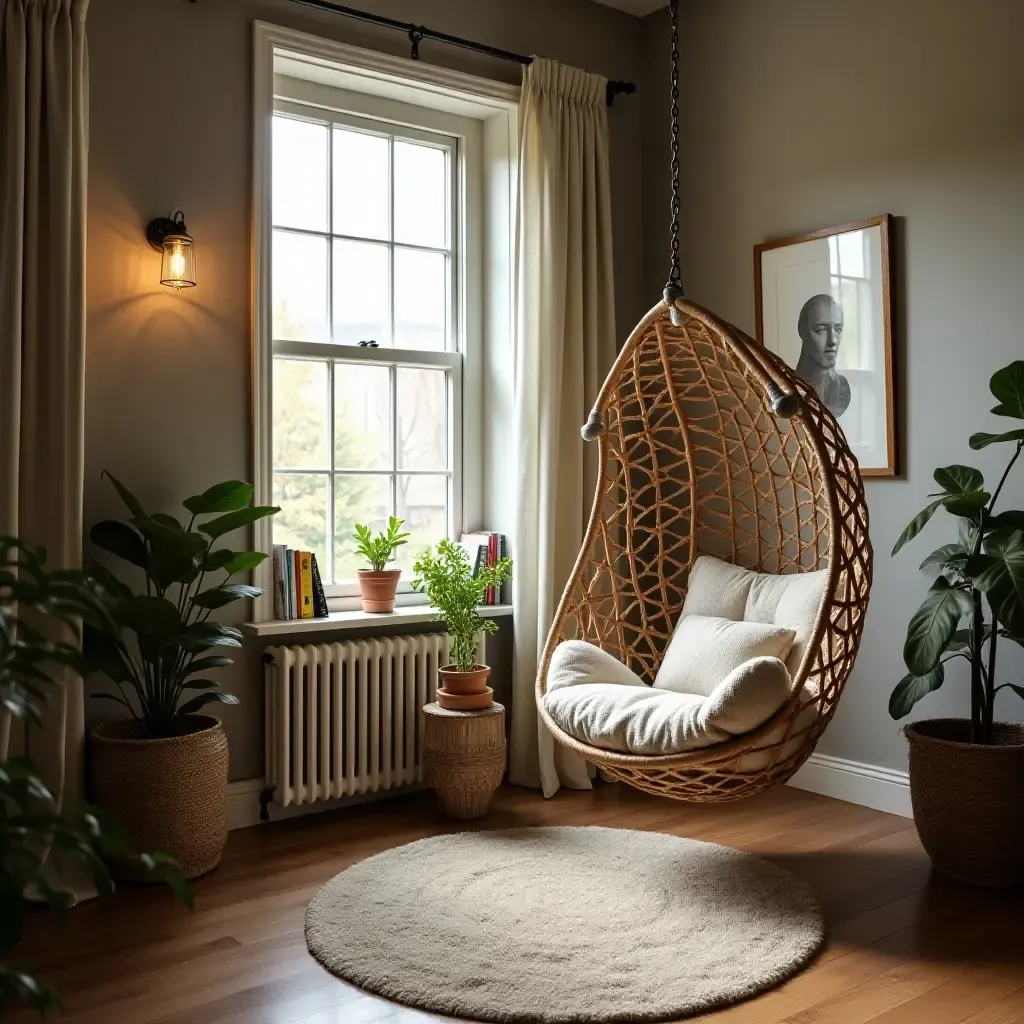 a photo of a cozy reading nook with a hanging chair