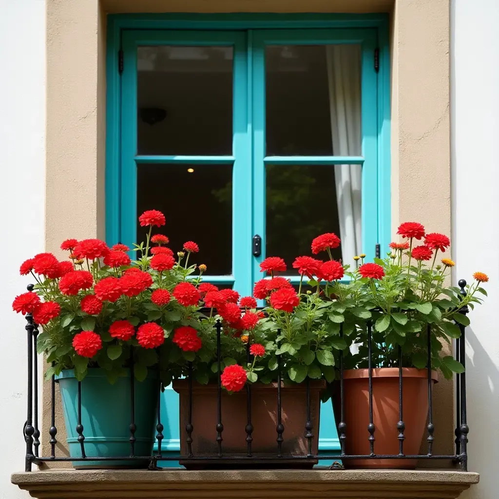 a photo of a balcony bursting with color from red and turquoise flower pots