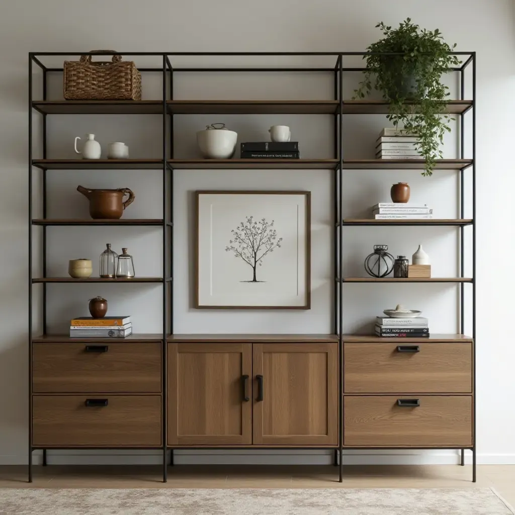 a photo of open shelving featuring a blend of industrial and modern design elements