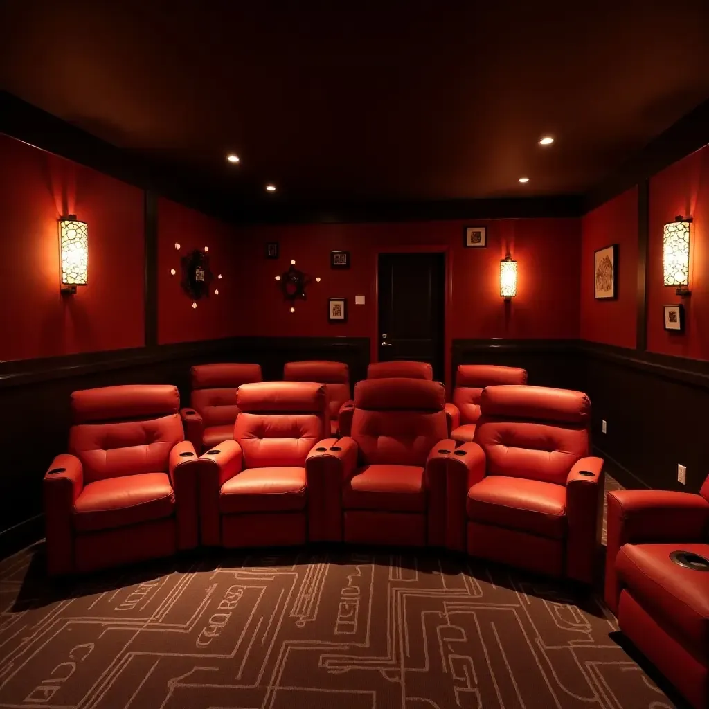 a photo of a basement movie theater with plush seating and whimsical popcorn decor