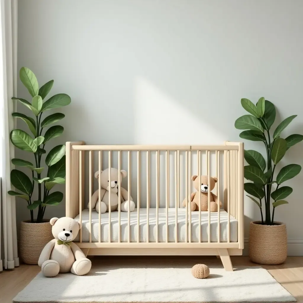 a photo of a whimsical nursery with plush toys and leafy green plants