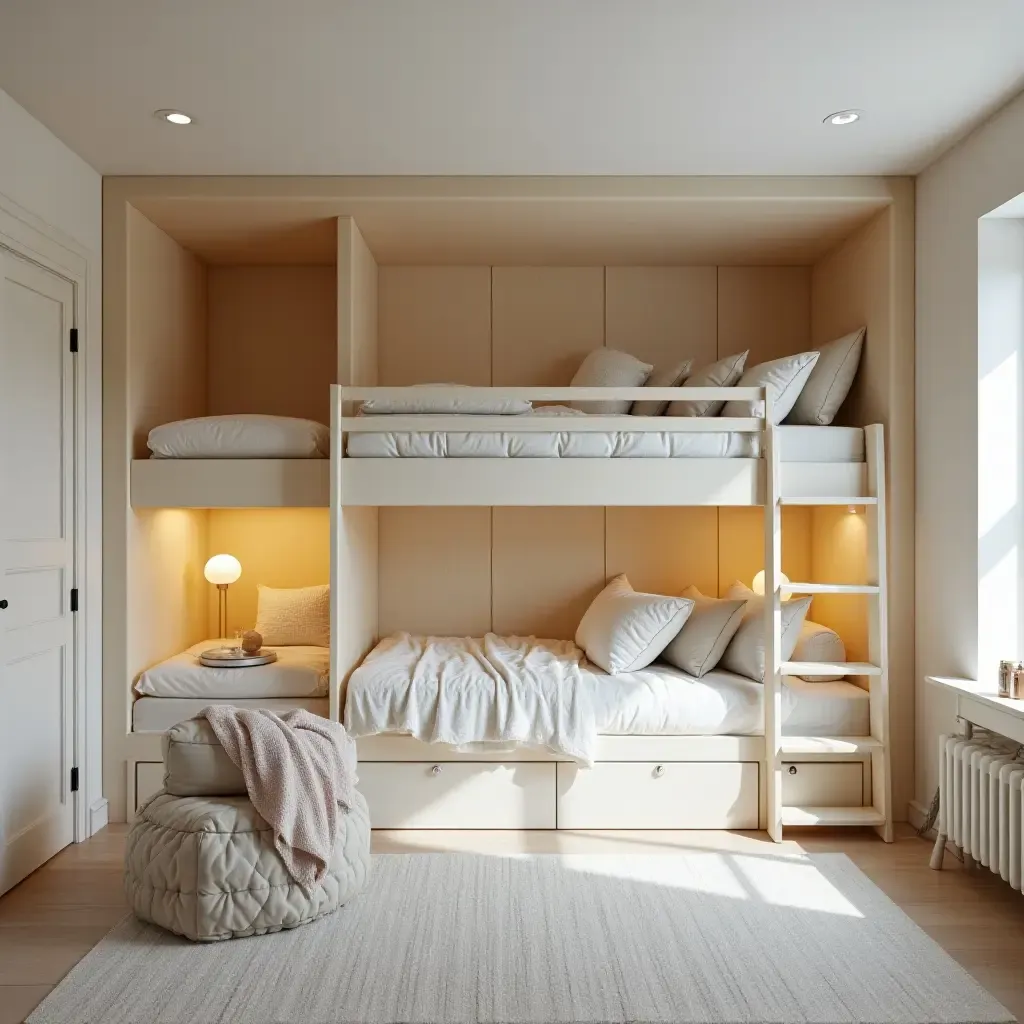 a photo of a family-friendly bedroom with bunk beds and play areas