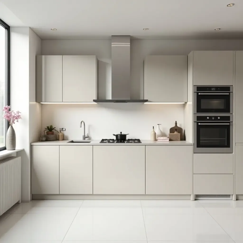 a photo of a modern minimalist kitchen with sleek cabinets and smart appliances