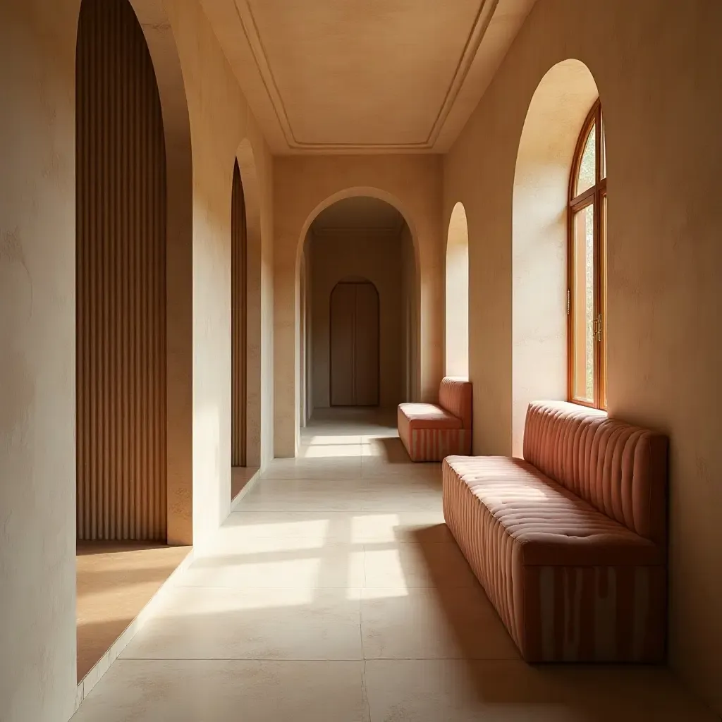 a photo of a corridor with a whimsical seating nook