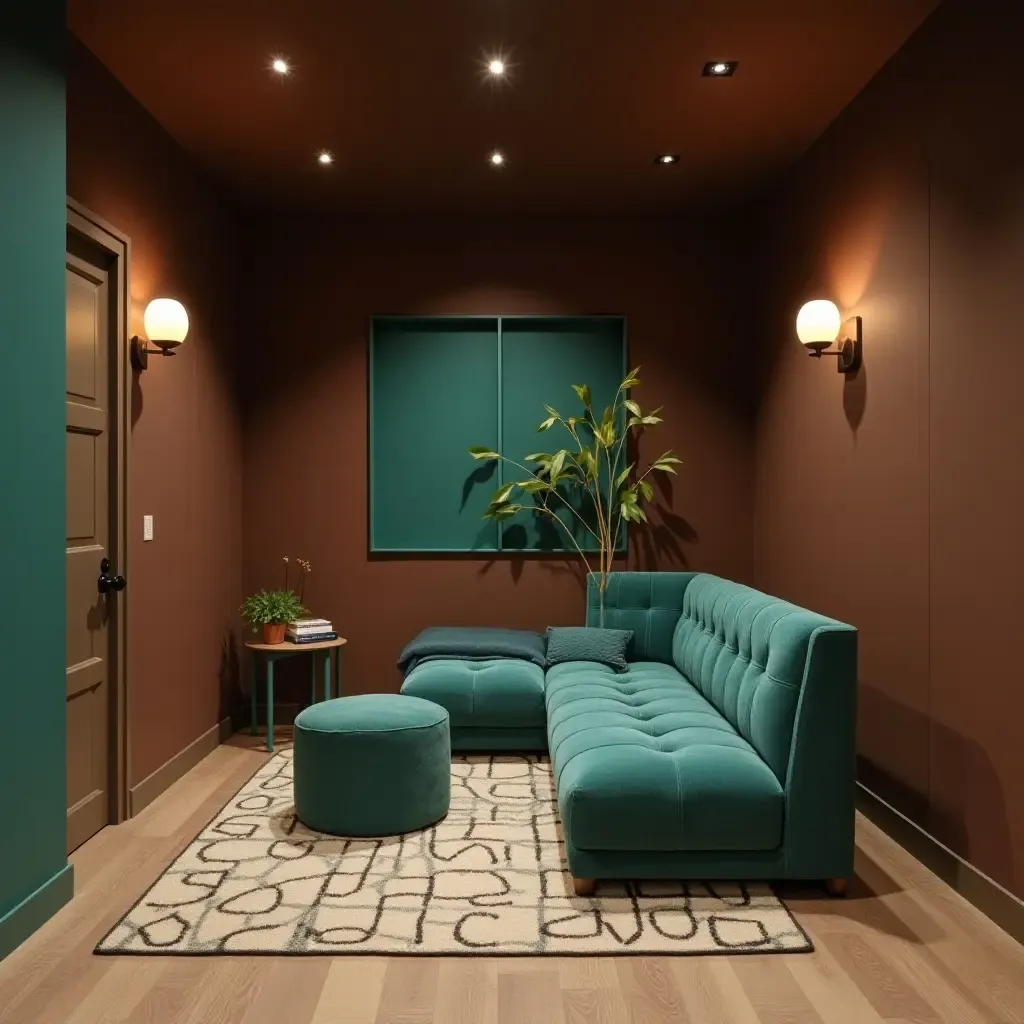 a photo of a basement decorated with rich chocolate brown and bright teal