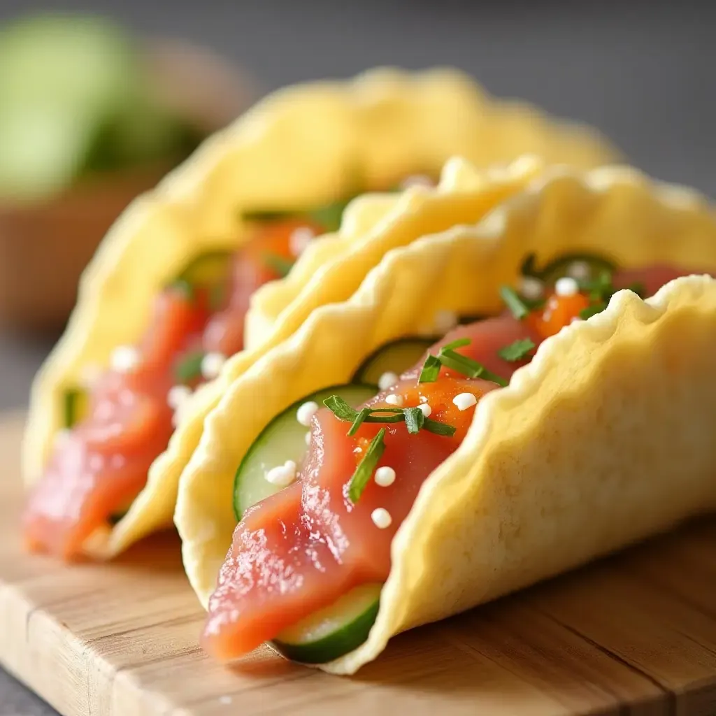 a photo of sushi tacos made with nori shells, filled with rice, tuna, and cucumber.