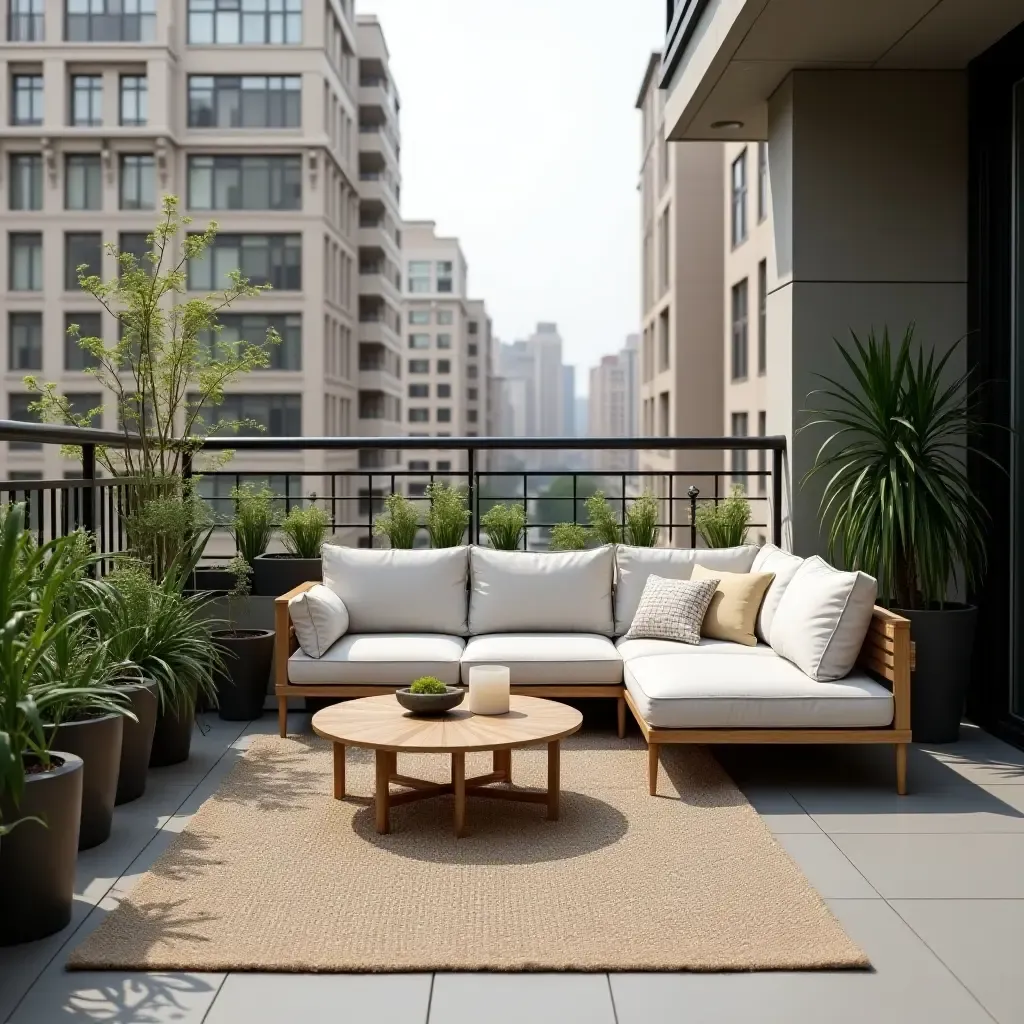 a photo of a chic urban balcony with a sectional sofa and outdoor rug