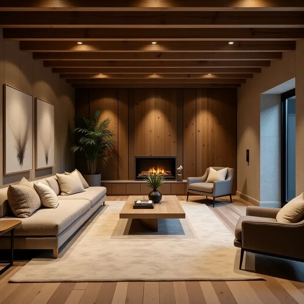 a photo of a warm basement with layered textures of soft fabric, reclaimed wood, and industrial metal