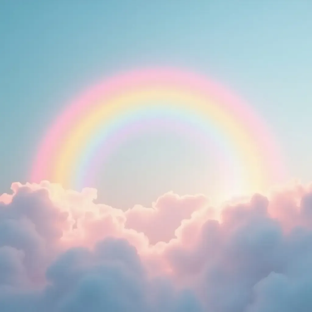 a photo of a dreamy pastel rainbow arching over clouds