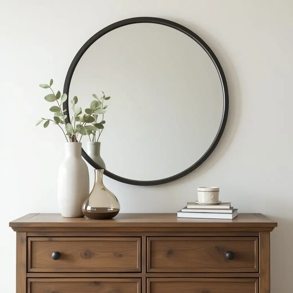 a photo of a metal-framed mirror above a rustic dresser