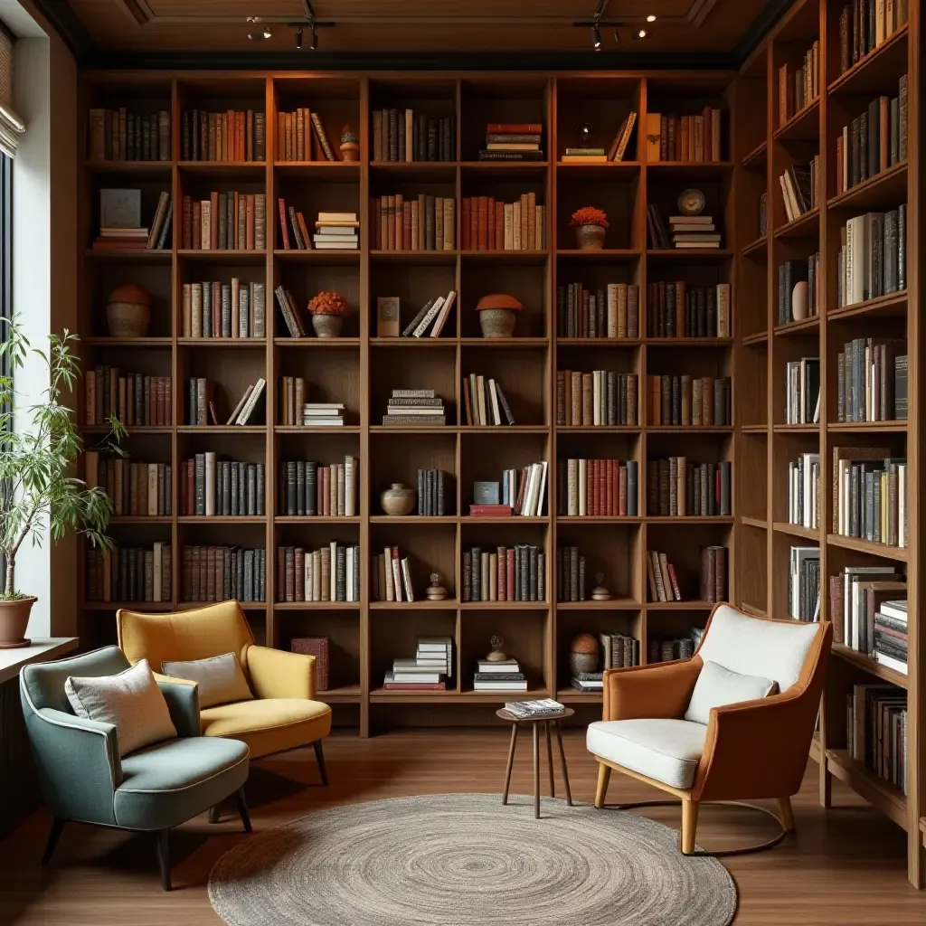 a photo of a library with wooden bookshelves and cozy reading spots