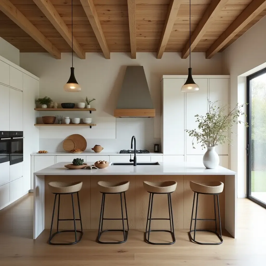 a photo of a serene kitchen with a blend of modern and rustic elements