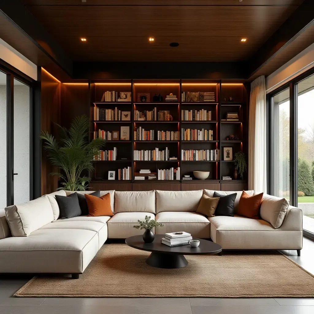 a photo of a home library with a large, comfy sectional sofa for reading