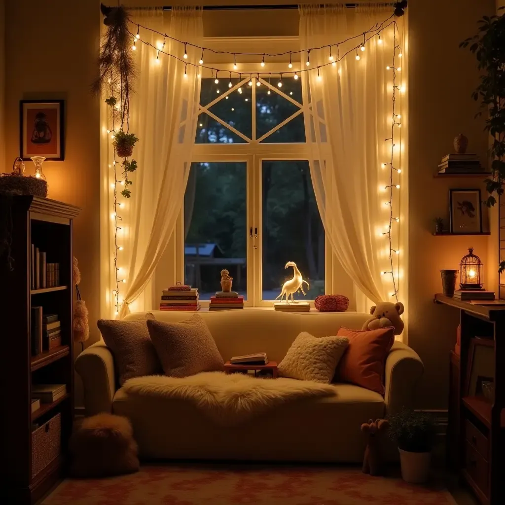 a photo of a reading nook surrounded by whimsical decor and fairy lights