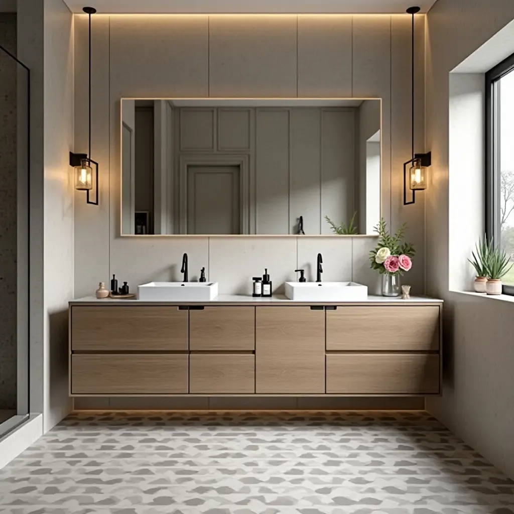 a photo of a contemporary bathroom with a floating vanity and geometric tiles