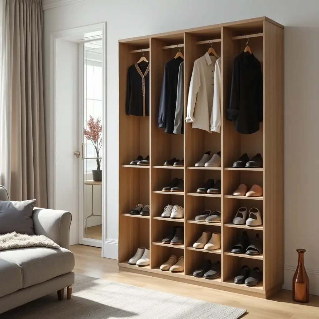 a photo of a living room with a stylish shoe storage solution