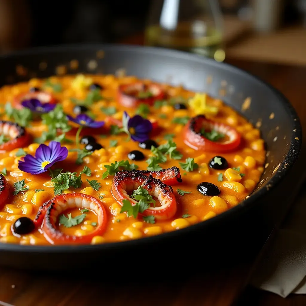 a photo of paella with squid ink and edible flowers, vibrant colors, rustic setting.