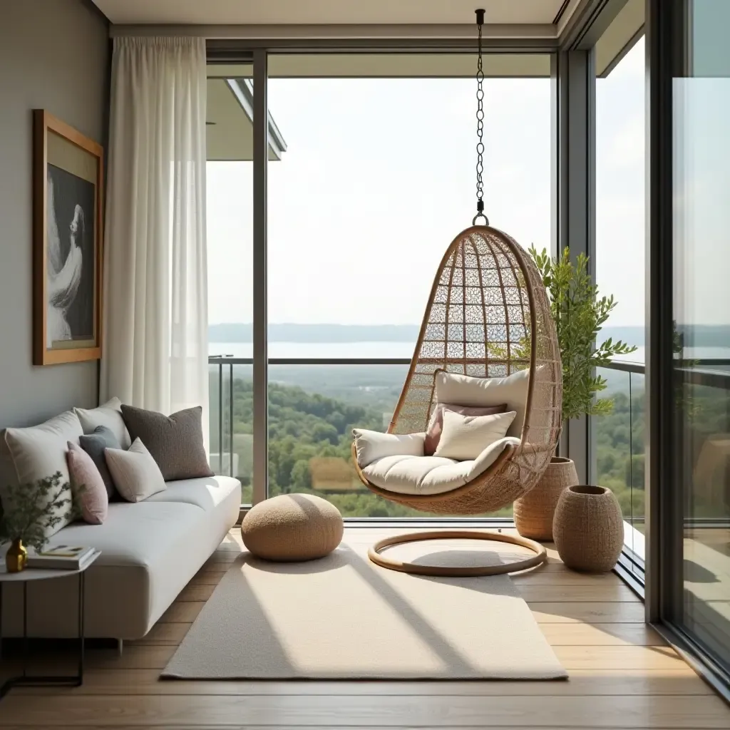 a photo of a serene balcony featuring a hanging chair and soft cushions