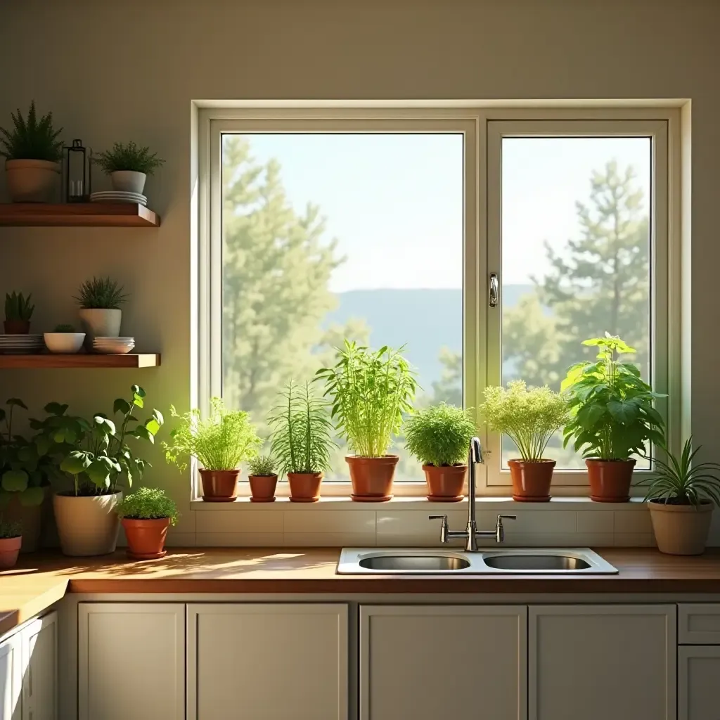 a photo of a welcoming kitchen with a large window and potted herbs