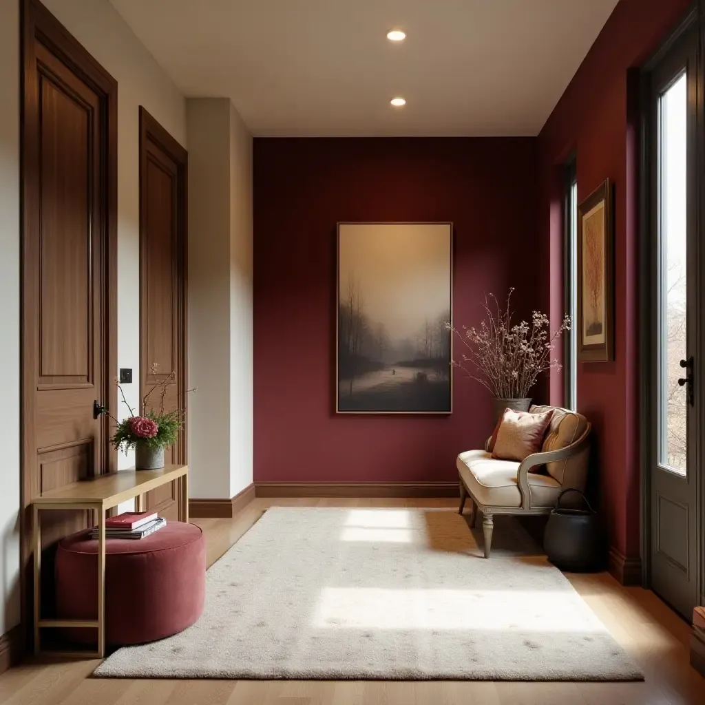 a photo of a cozy burgundy and beige entrance hall with plush seating