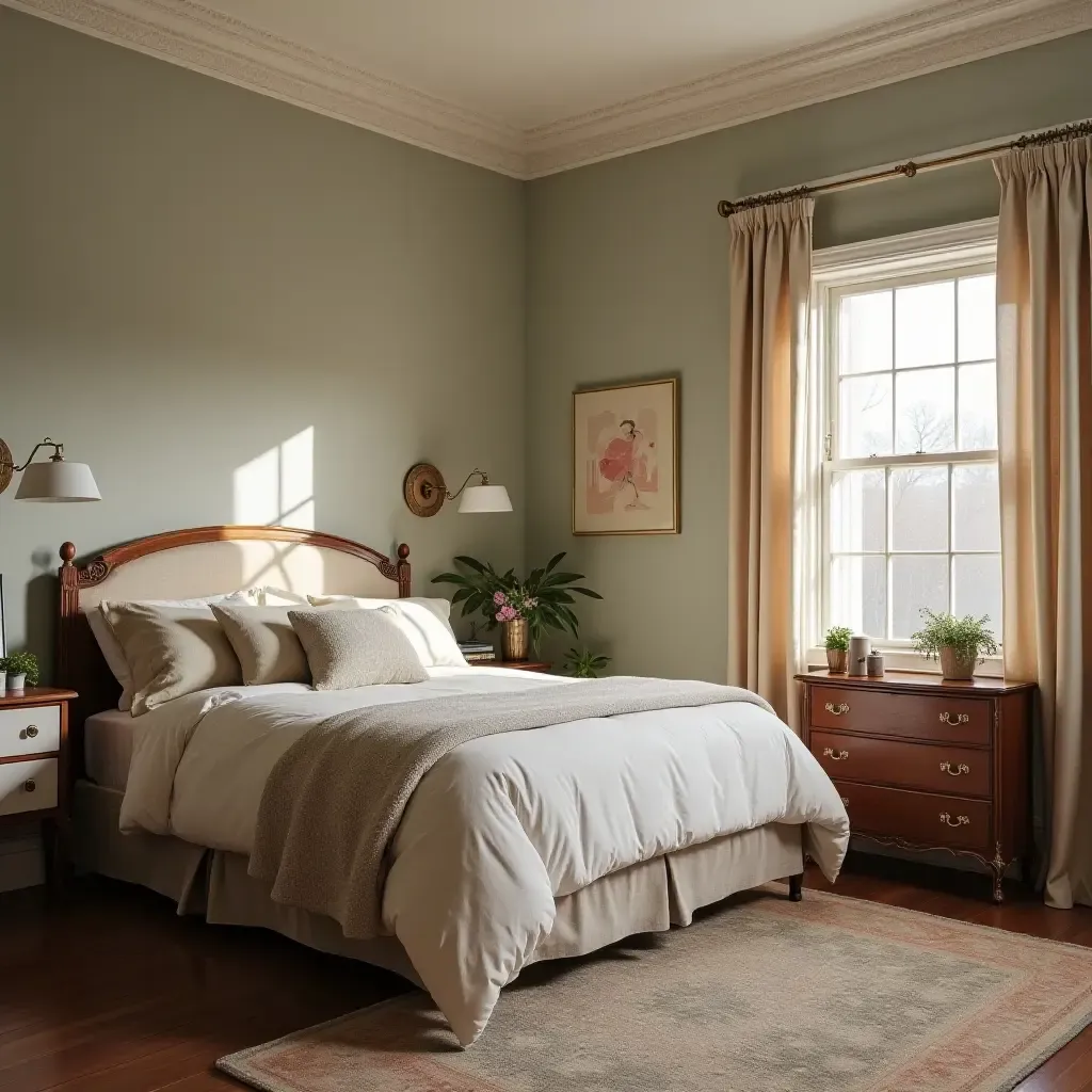 a photo of a vintage-inspired 8x8 bedroom with antique furniture