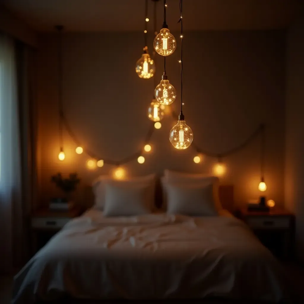 a photo of a pendant light featuring fairy lights in a magical bedroom