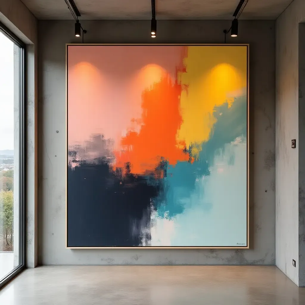 a photo of a large abstract painting with bold colors in a basement