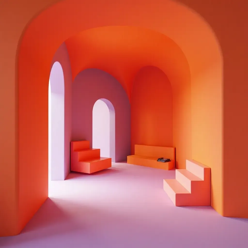 a photo of a playful basement in bright orange and soothing lavender hues