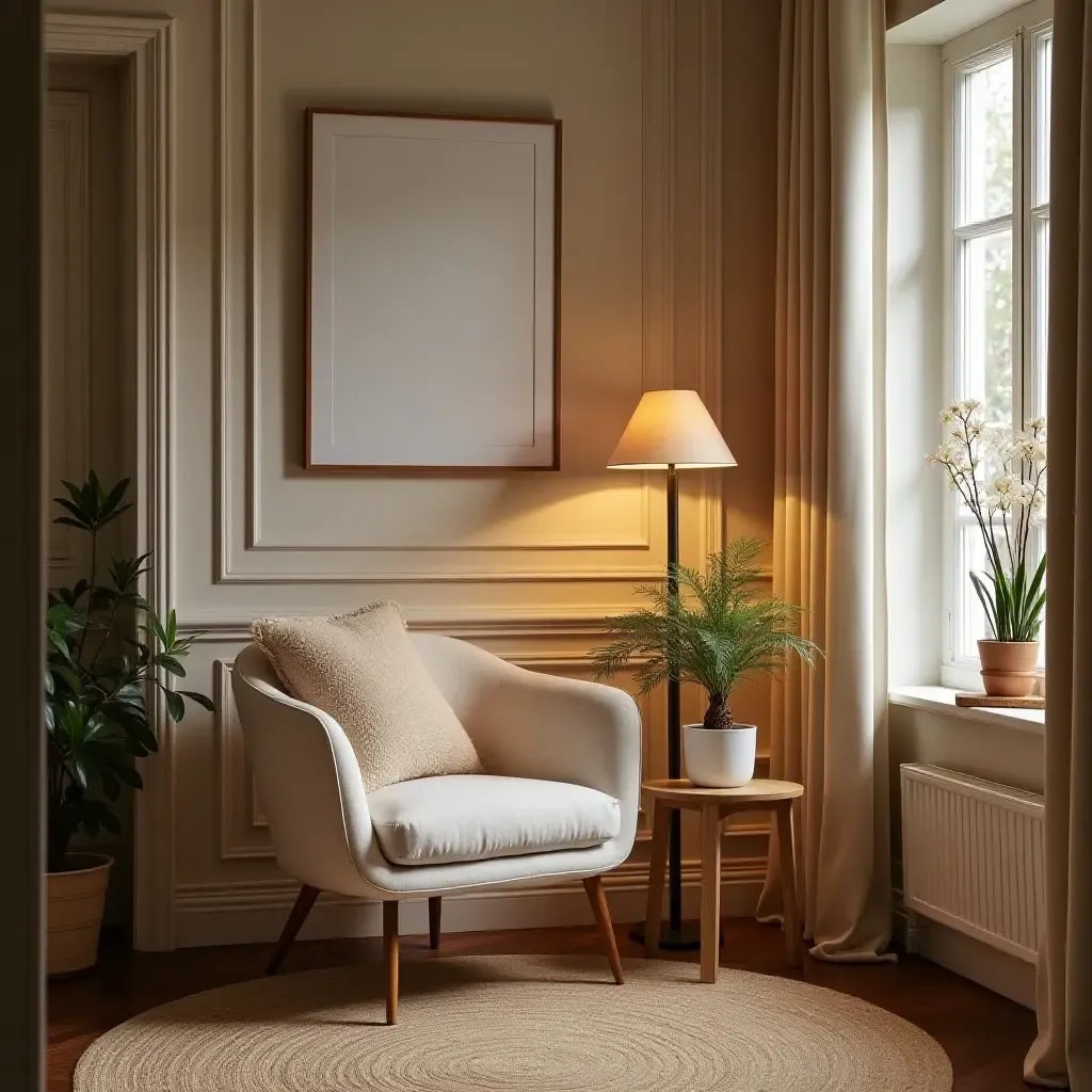 a photo of a cozy nook with a stylish chair and warm decor elements