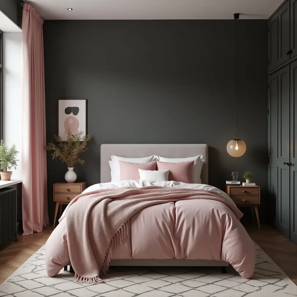 a photo of a sophisticated charcoal gray and blush pink teen bedroom