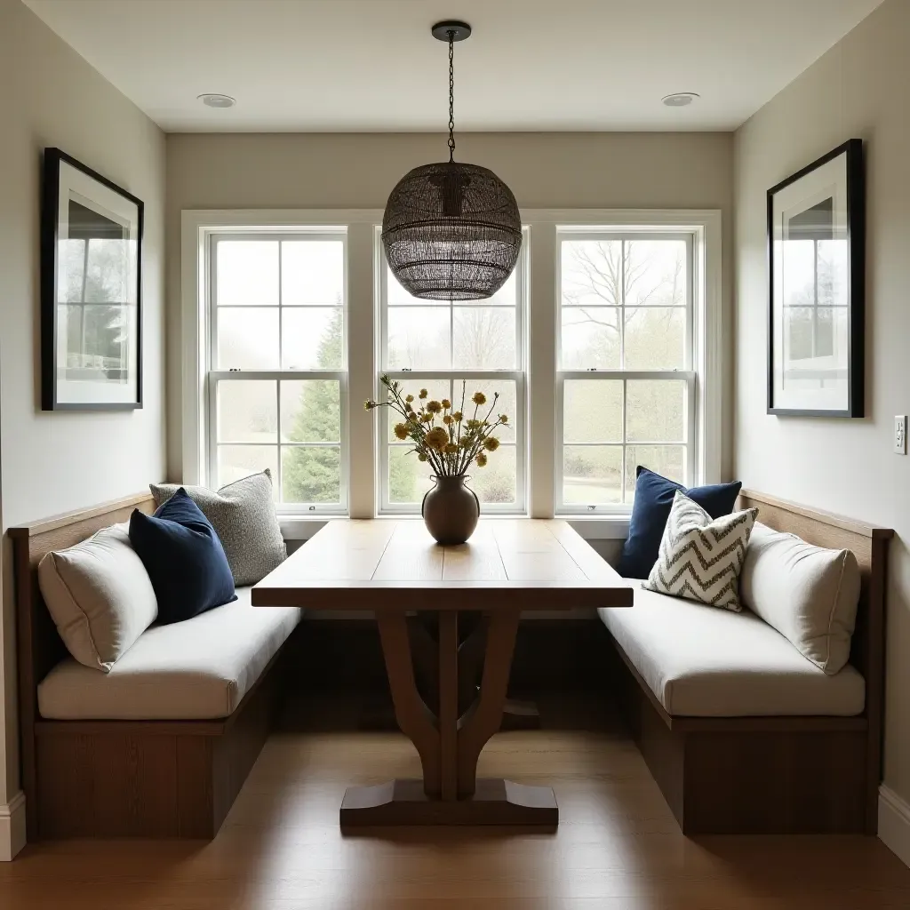 a photo of a breakfast nook with a large table and rustic bench seating