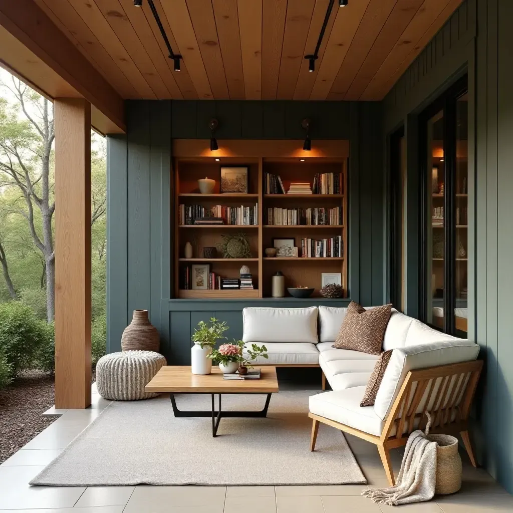 a photo of a detached covered patio featuring a cozy reading nook with bookshelves