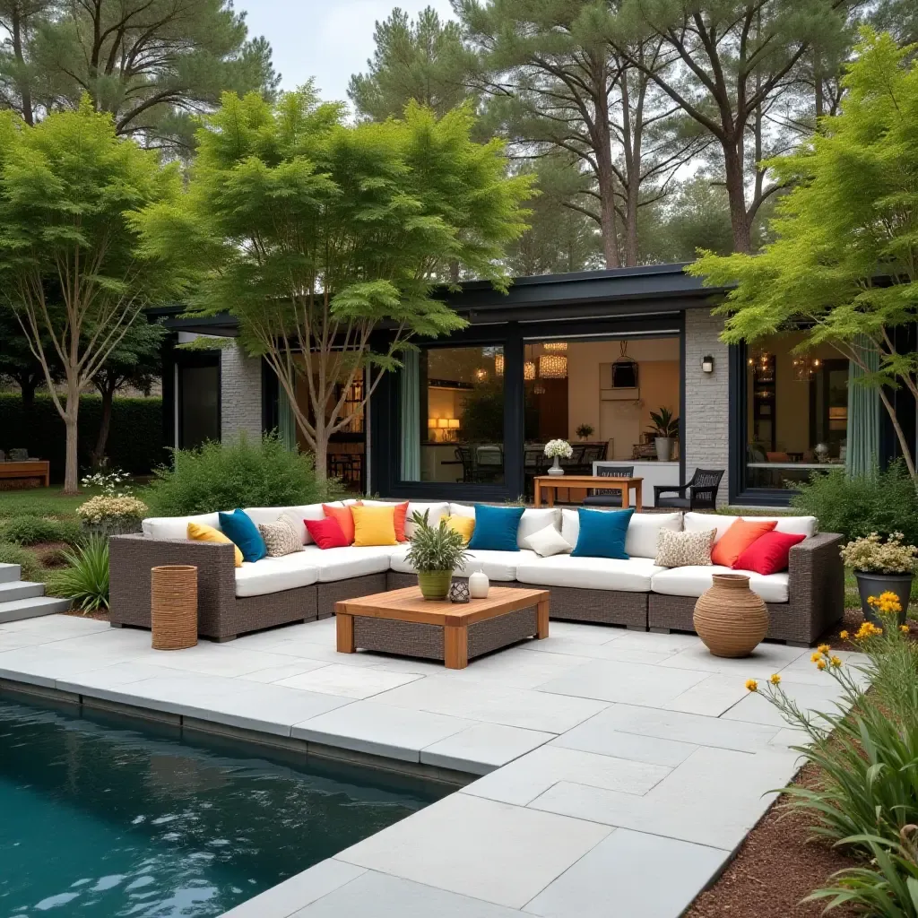 a photo of a concrete patio with a water feature and colorful cushions