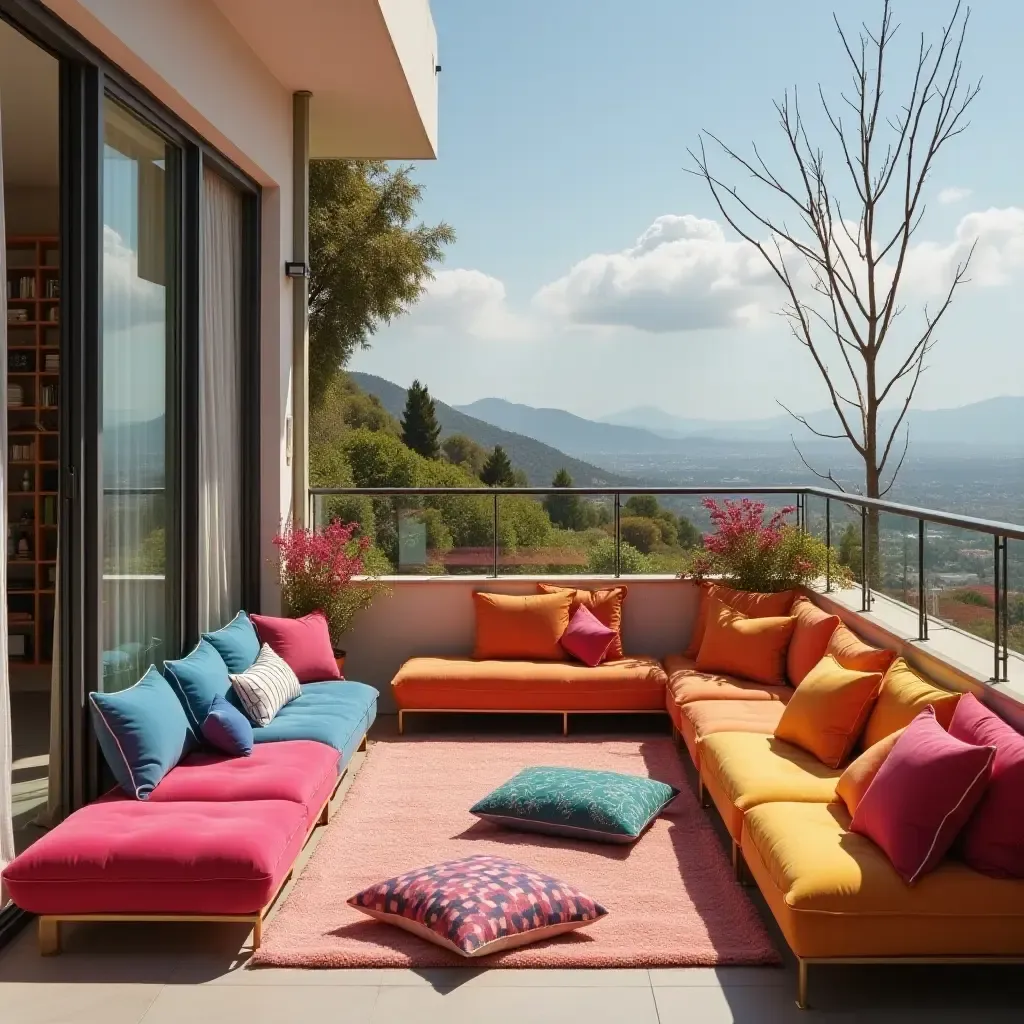 a photo of a balcony filled with colorful cushions in rainbow hues