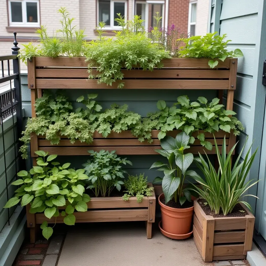 a photo of a balcony garden featuring old wooden crates as plant holders