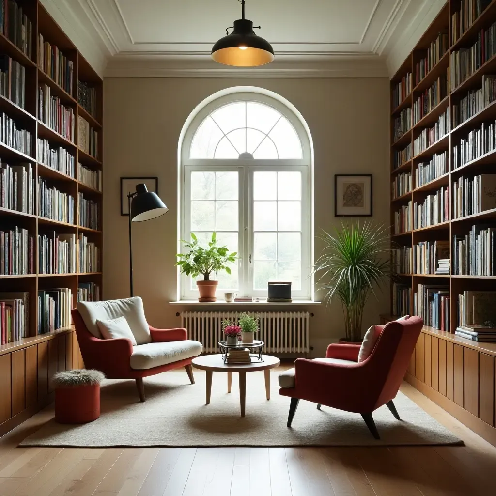 a photo of a bright, airy library featuring vintage chairs and modern design elements