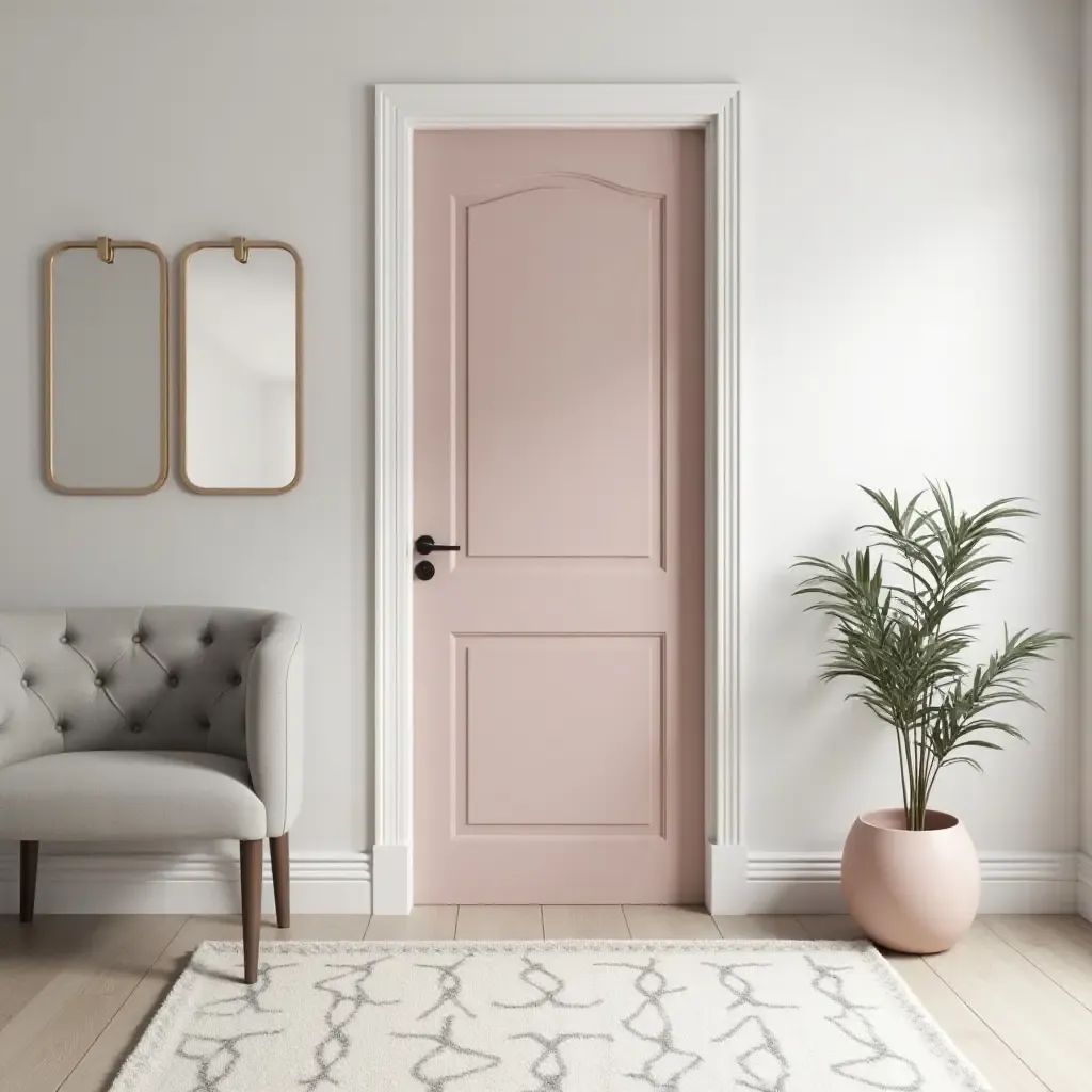 a photo of a chic gray and blush pink entryway with stylish mirrors