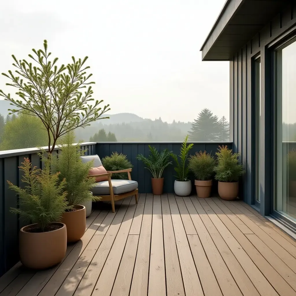 a photo of a minimalist balcony with a wooden deck and potted plants