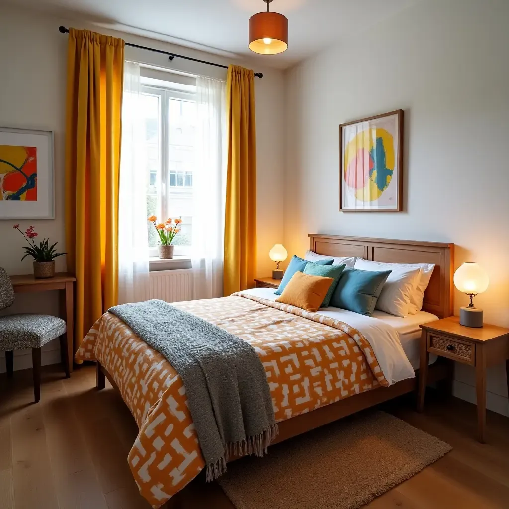 a photo of a small bedroom with colorful bedding